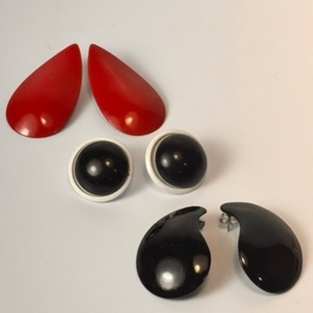 Vintage Earrings Set Red Black White Metal Geometric Abstract Post Statement